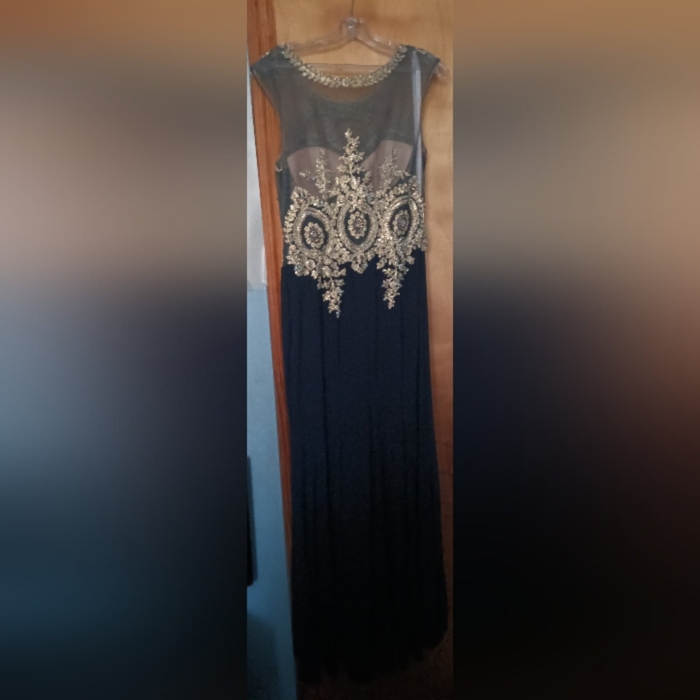 Elegant Navy Blue and Gold Evening Gown